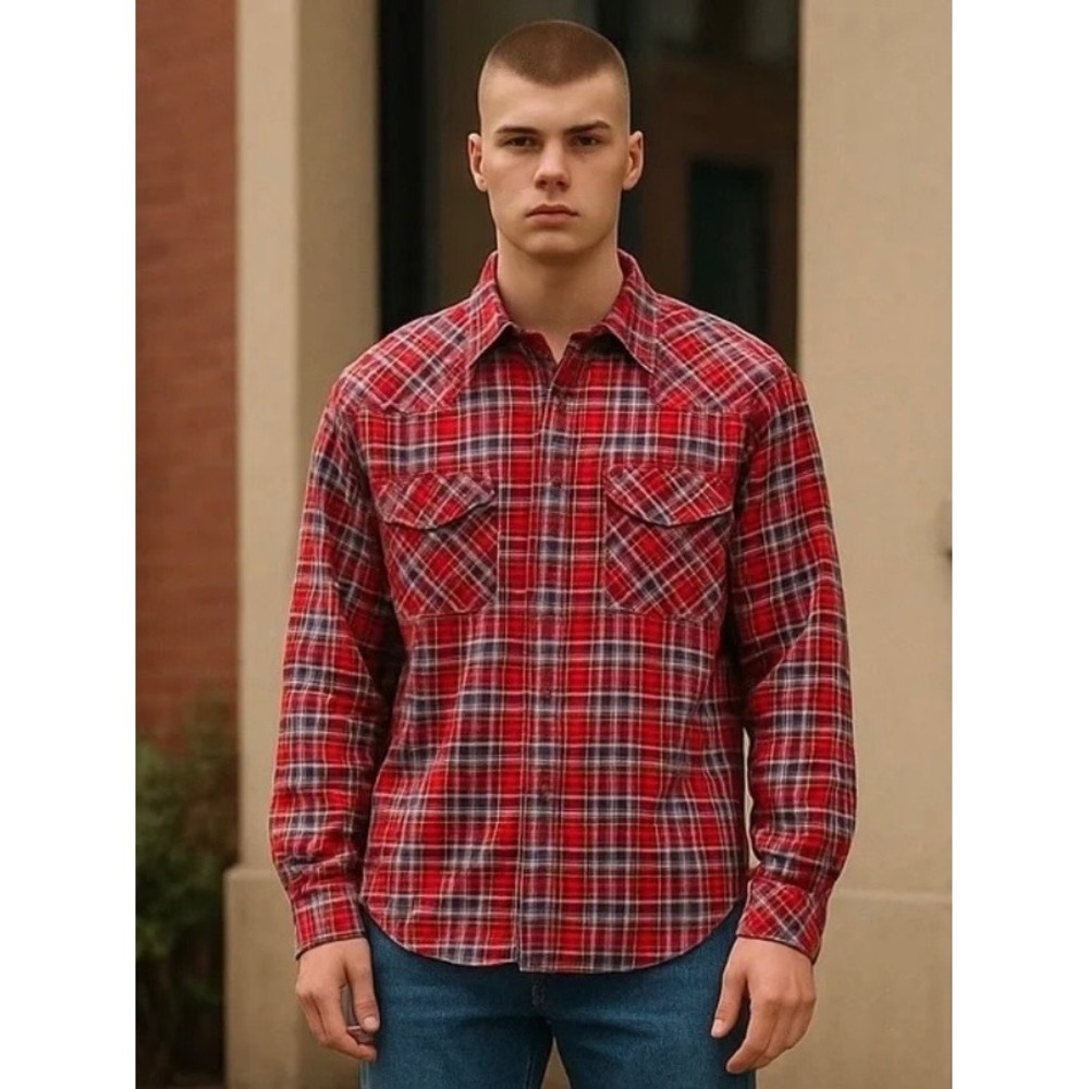 Diesel Mens Red Plaid Flannel Western Snap Pocket Shirt Large